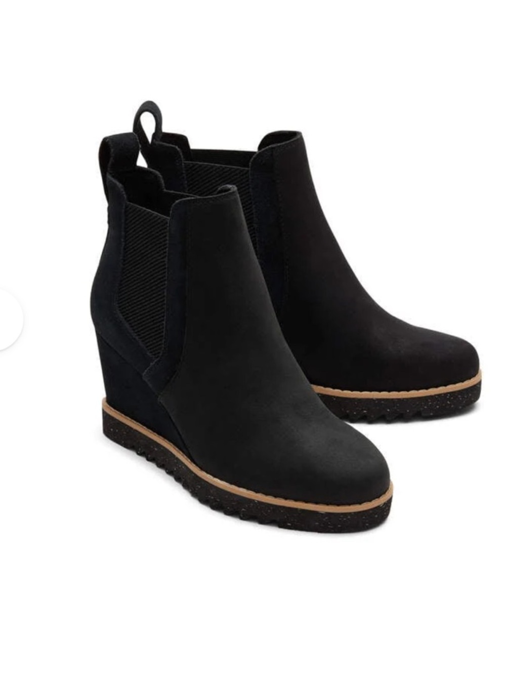 New Toms Maddie Black Wedge Boot - Women Pull On Leather 3 1/4” Heel Size 6.5